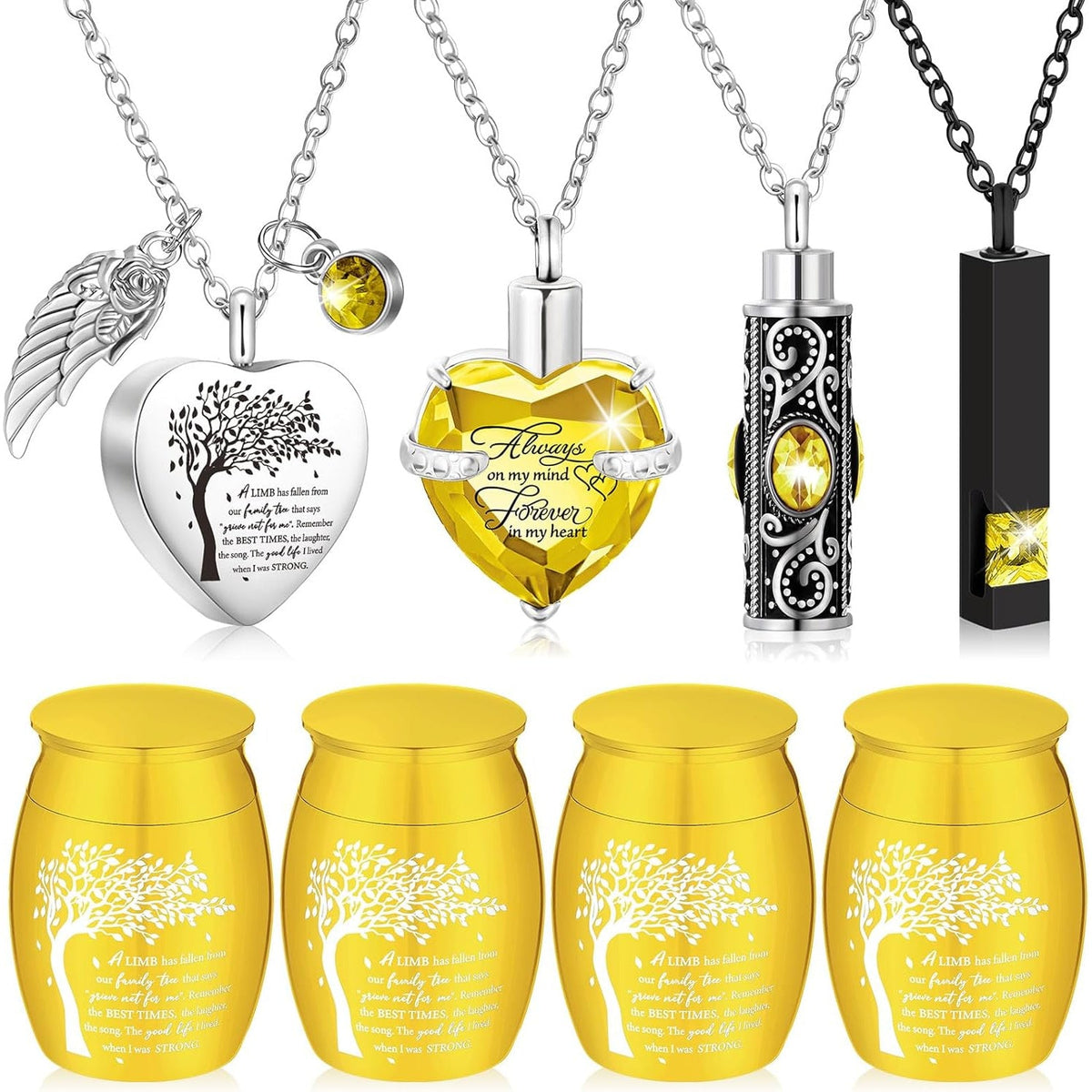 8-Piece Small Cremation Urns for Ashes – Alloy Keepsake Ash Holder Set with Family Tree Memorial Heart Locket Pendant for Adults Men & Women, Burial & Cremation Remembrance Gift, 8 Colors