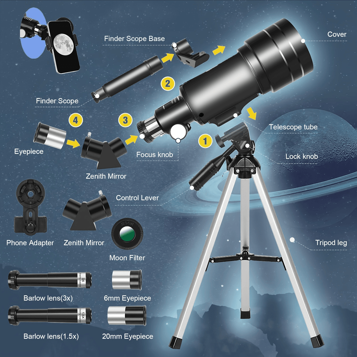 150X Portable Astronomical Telescope - 70mm Aperture, Tripod, Phone Holder, Eyepiece & Barlow Lens - Adults & Nature Education - White+Black, Blue, Black & White+Blue
