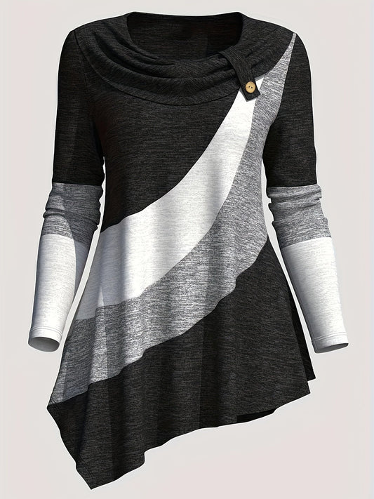 Color Block Patchwork Long Sleeve Top Women Irregular Hem Wide Lapel Knit Casual Spring Fall Black Mixed Colors S M L XL XXL