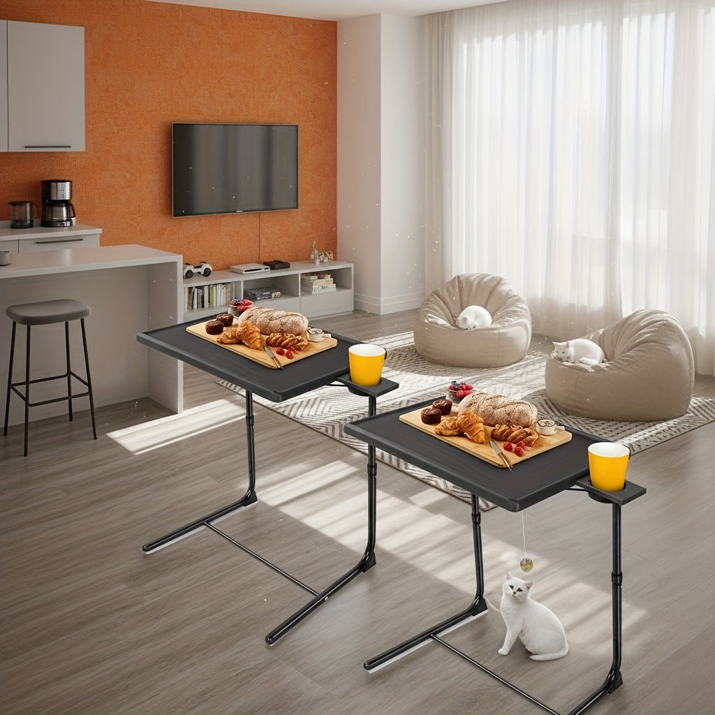 Set of 2 Adjustable TV Tray Tables 6 Height Settings & 3 Tilt Angles Folding Sofa Bed Dining Laptop & Camping Table Portable Space-Saving – Black