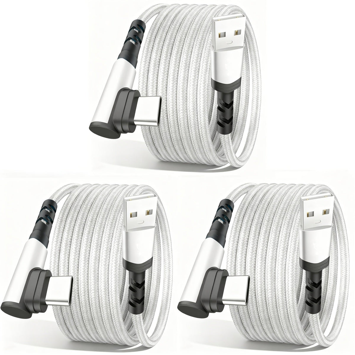 3-Pack Right Angle Braided USB-A to USB-C Fast Charging Cable - 1m, 2m & 3m - iPhone 15/16/17, iPad, Samsung, Huawei & More - Black, Blue, Red, Purple, Rose Gold & Silver