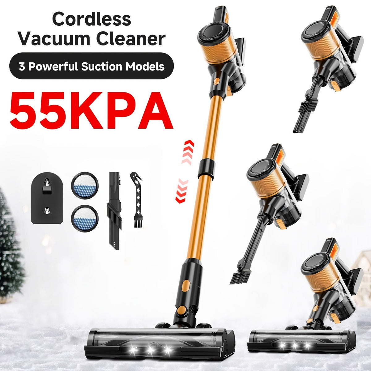 55KPa Cordless Stick Vacuum Cleaner 8-in-1 – Lightweight Powerful Handheld Vacuum with LED Light for Hardwood Carpet Floor Pet Hair Home Car