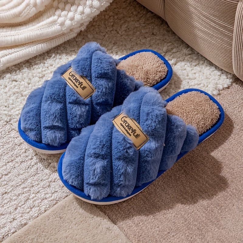 Pineapple Grain Contrast Color Plush Slippers - Unisex, Non-Slip, Warm & Cozy Slip-On Indoor Home Slippers for Autumn & Winter - US 4.5–14 - Ivory White, Pink Red, Light Grey, Royal Blue & Yellow