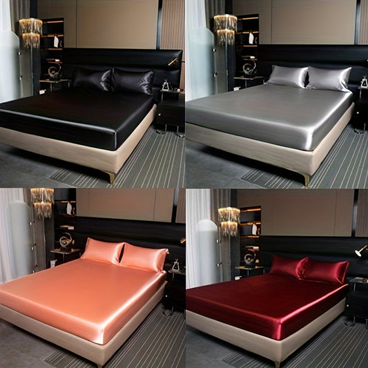 2/3-Piece Satin Bedding Set - Luxury Soft Fitted Sheet & Pillowcases - Twin, Full, Queen, King & Custom Sizes - Black, White, Grey, Navy, Lavender, Burgundy, Dark Green, Light Blue & Orange-Red