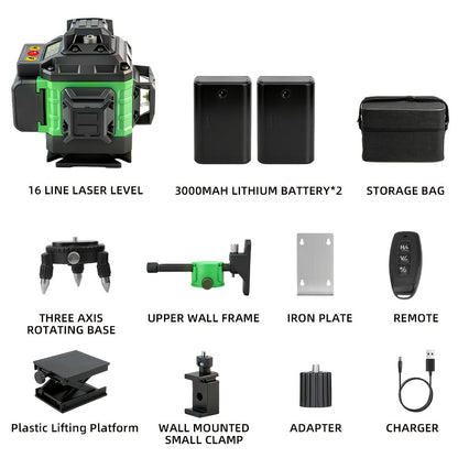 16-Line 4D Laser Level - 360° Self-Leveling, 2x 3000mAh Batteries, Remote Control, Digital Display, Optional 39" Tripod - Construction, Tile, Renovation, Wall & Floor Alignment, Picture Hanging