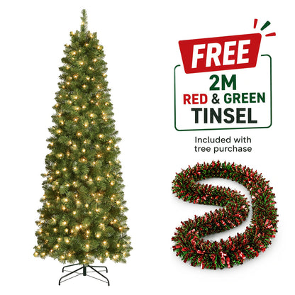 Pre-Lit Slim Pencil Christmas Tree – Artificial Hinged Xmas Tree with Warm White Lights Full Branch Tips Stable Metal Stand Easy Assembly in 4FT to 9FT + Bonus Tinsel Garland
