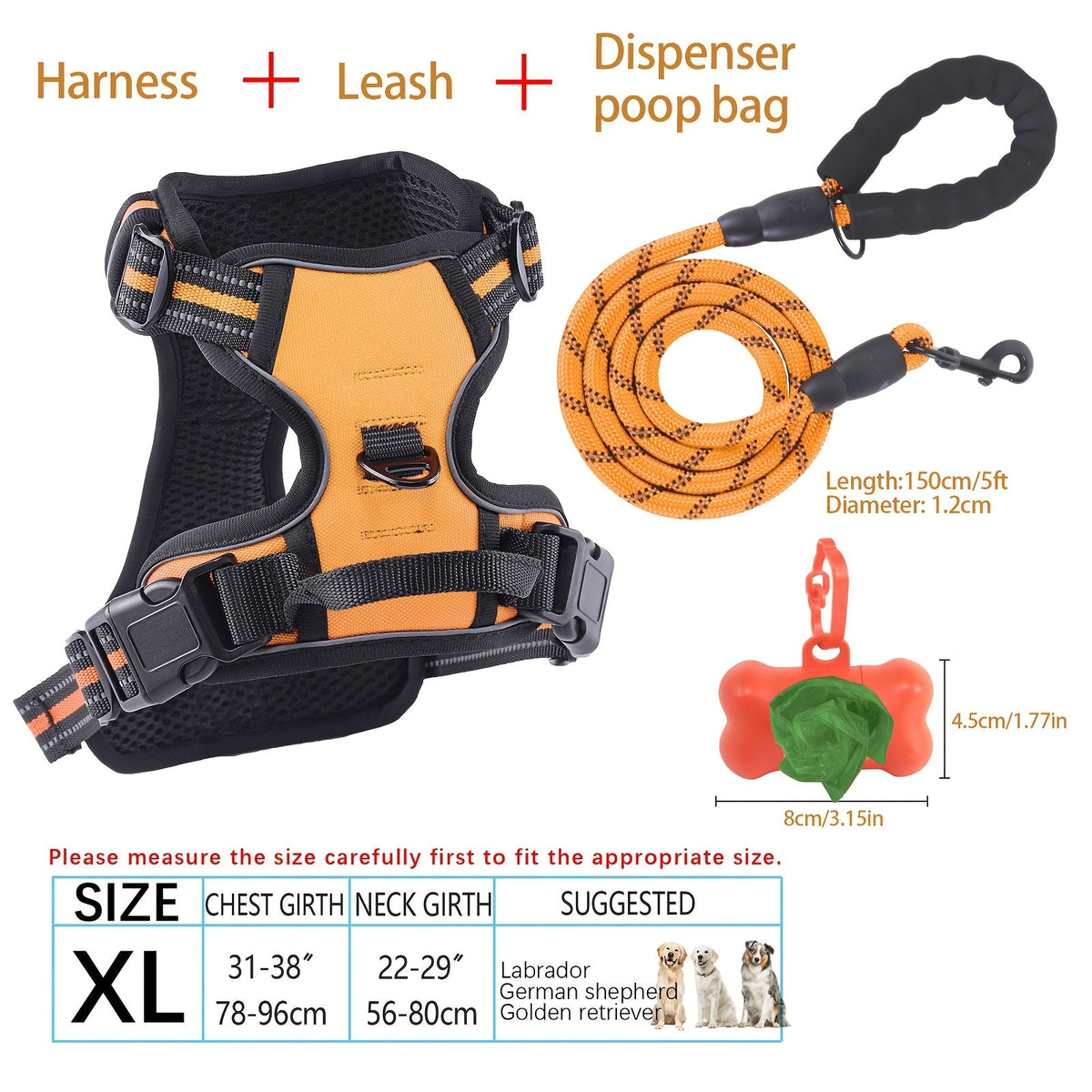 4-Piece Dog Harness and Leash Set No-Pull No-Choke Reflective Oxford Vest Harness with Leash Poop Bag Dispenser Easy Control Handle for Medium Large Dogs Outdoor Training Walking