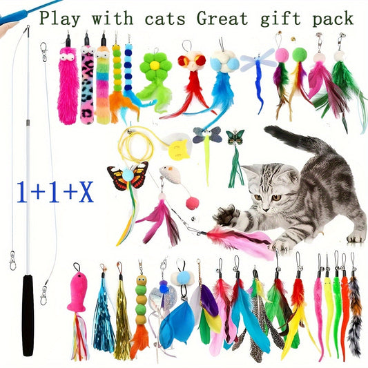 Interactive Cat Wand Toy Set Retractable Rod with Random Feather Replacement Heads for Indoor Cats Exercise Play No Battery Required Choose 5 10 15 20 or 25 Heads