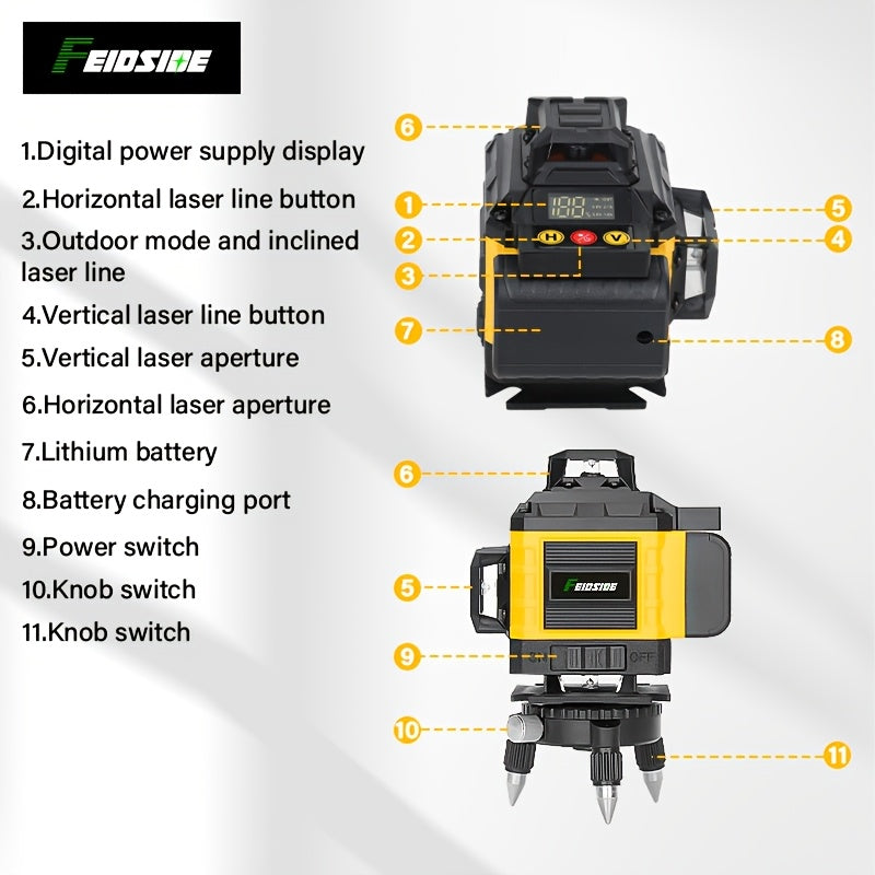 16-Line 4D Laser Level - 360° Self-Leveling, 2x 3000mAh Batteries, Remote Control, Digital Display, Optional 39" Tripod - Construction, Tile, Renovation, Wall & Floor Alignment, Picture Hanging
