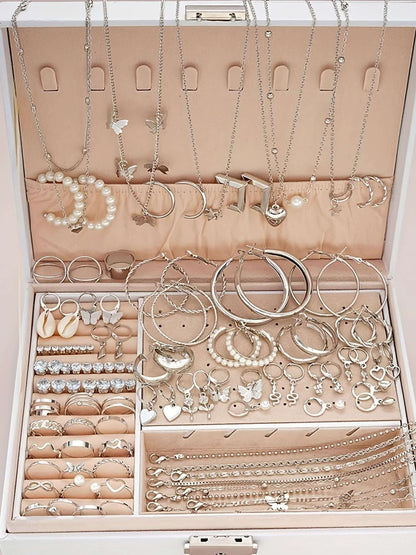 108pcs Women Jewelry Set Vintage Butterfly Heart Rhinestone Necklace Bracelet Anklet Ring Earrings Bundle Multi-Layer Chains Silver Fashion Jewelry Gift for Her