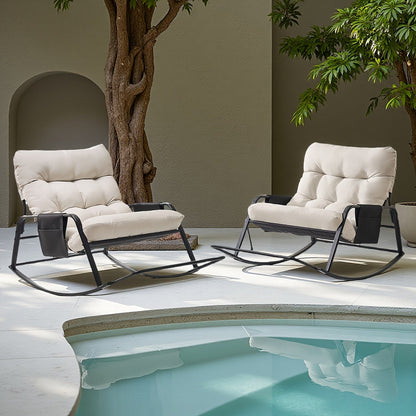Oversized Outdoor Patio Upholstered Rocking Chair with 5.5" Thick Cushion, Footrest & Double-Sided Storage Bags for Patio Terrace Garden & Balcony – Non-Slip Backing, Available in Beige & Grey, 1 or 2 Pack