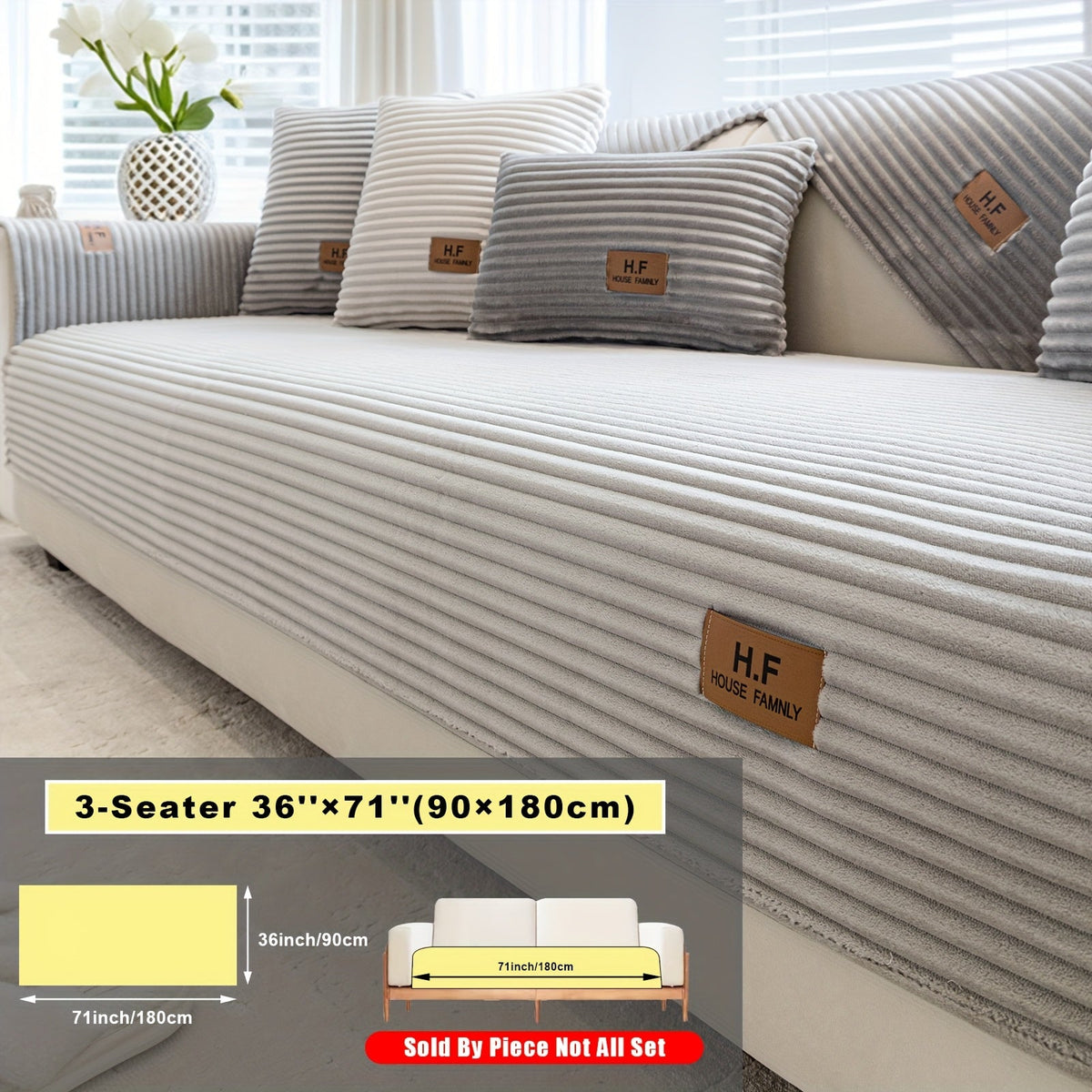Short Plush Striped Sofa Cover & Cushion - All-Season, Pet-Friendly & Non-Slip - Armchair, Loveseat, 3/4/5-Seater, Backrest, Armrest & Pillowcase - White, Dark Gray, Light Gray, Coffee & Blue