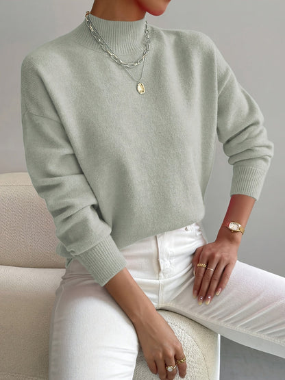 Women's Solid Color Mock Neck Drop Shoulder Pullover Sweater – Long Sleeve Knit Acrylic Blend Cozy Fall Winter Top
