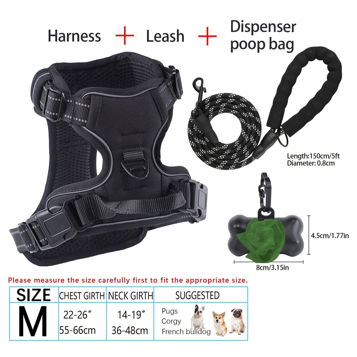 4-Piece Dog Harness and Leash Set No-Pull No-Choke Reflective Oxford Vest Harness with Leash Poop Bag Dispenser Easy Control Handle for Medium Large Dogs Outdoor Training Walking