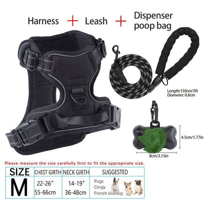 4-Piece Dog Harness and Leash Set No-Pull No-Choke Reflective Oxford Vest Harness with Leash Poop Bag Dispenser Easy Control Handle for Medium Large Dogs Outdoor Training Walking