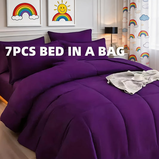 Cosybay 7-Piece Luxury Comforter Set - Full, Queen & King - Short Plush Sanded Fabric, All-Season Lightweight - Preppy Princess Style - Bedroom, Hotel & Travel - 12 Colors