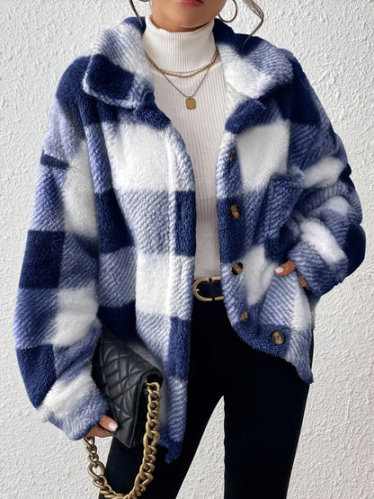 Women's Plaid Plush Button-Front Jacket – Elegant Casual Fuzzy Coat Warm Cozy Outerwear Autumn Winter Daily Wear
