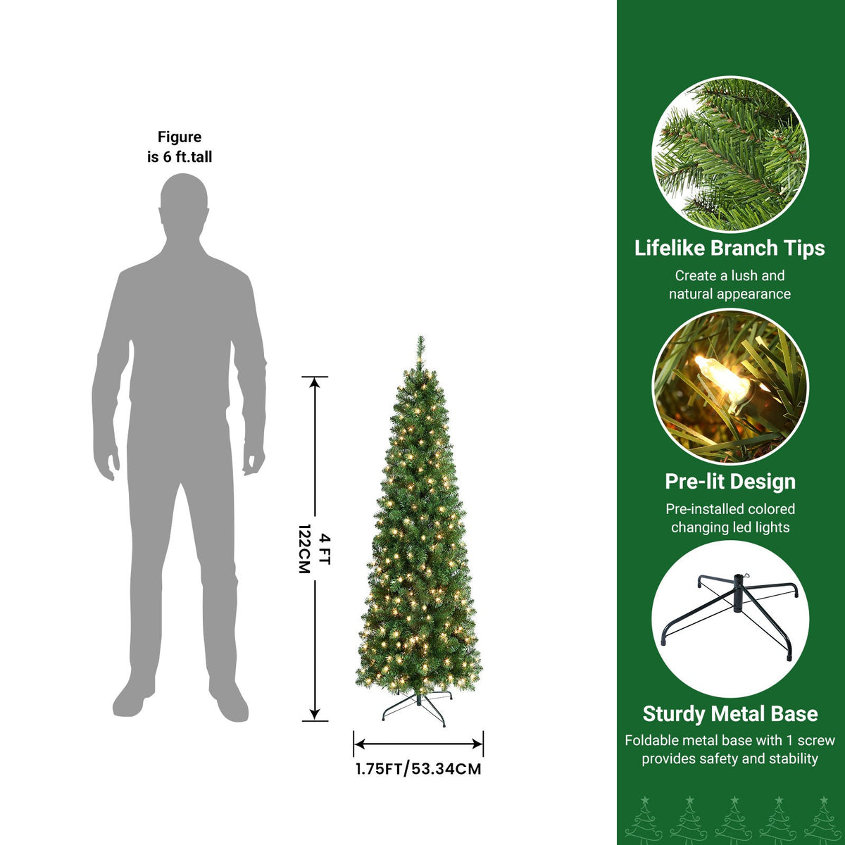 Pre-Lit Slim Pencil Christmas Tree – Artificial Hinged Xmas Tree with Warm White Lights Full Branch Tips Stable Metal Stand Easy Assembly in 4FT to 9FT + Bonus Tinsel Garland