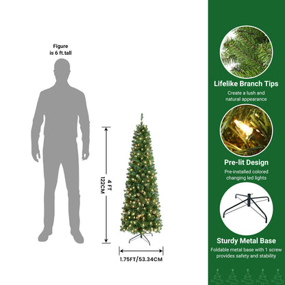 Pre-Lit Slim Pencil Christmas Tree – Artificial Hinged Xmas Tree with Warm White Lights Full Branch Tips Stable Metal Stand Easy Assembly in 4FT to 9FT + Bonus Tinsel Garland