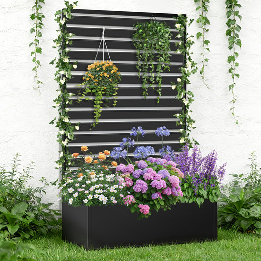 2-in-1 Metal Raised Garden Bed with Trellis & Privacy Screen 35" x 16" x 71" for Climbing Plants Vines & Flowers – Drainage Holes, Outdoor Standing Planter Box, Leaf & Black Finish