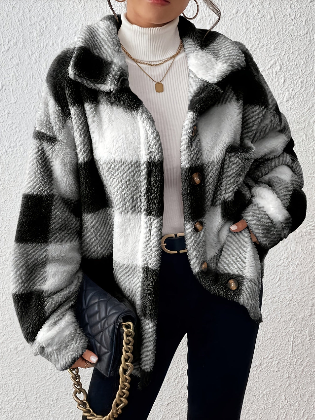 Women's Plaid Plush Button-Front Jacket – Elegant Casual Fuzzy Coat Warm Cozy Outerwear Autumn Winter Daily Wear