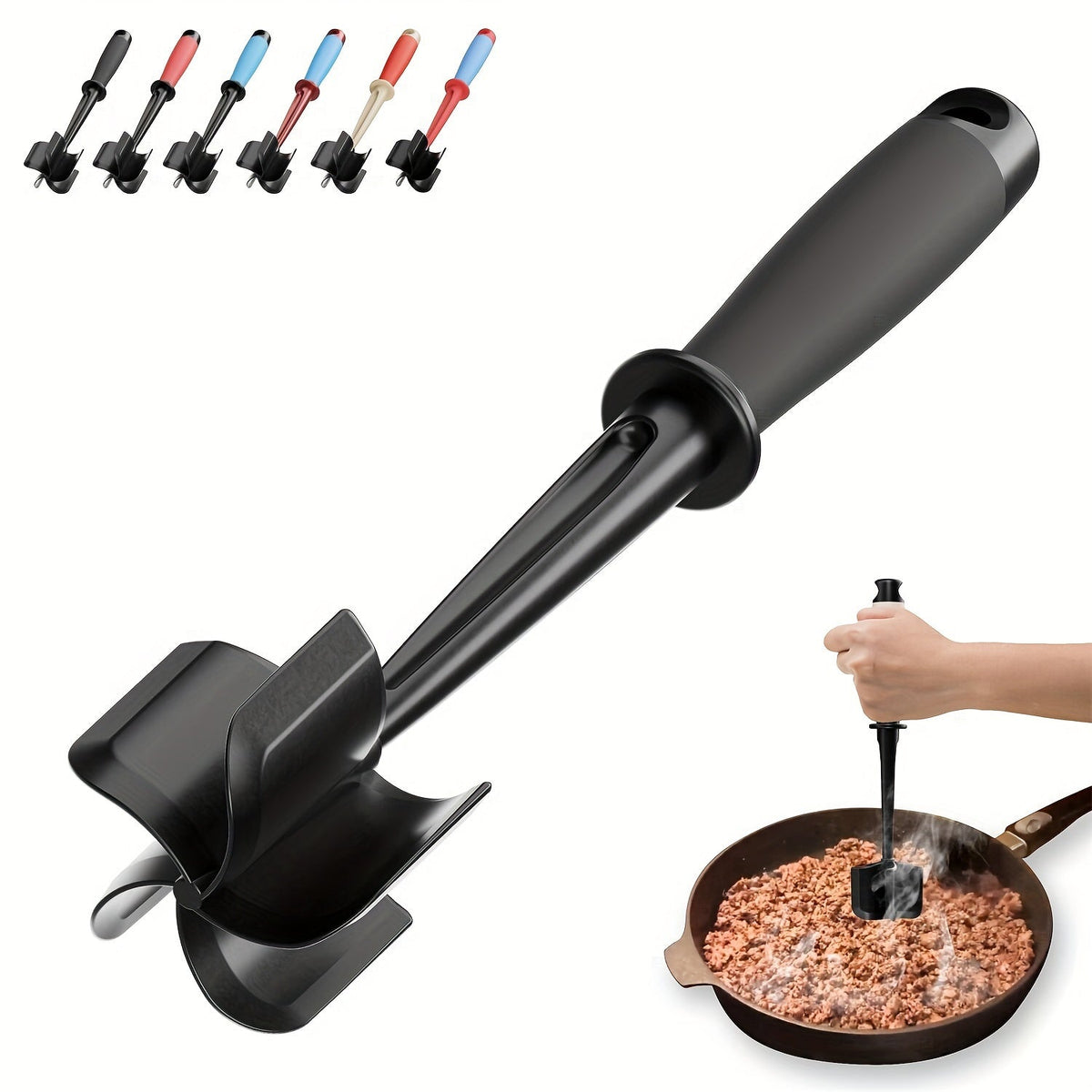 Meat Chopper with 5 Curved Blades - Heat Resistant Non-Stick Ground Beef Masher & Hamburger Smasher - Mix & Chop Kitchen Tool - Blue Black, Reddish Black & Black