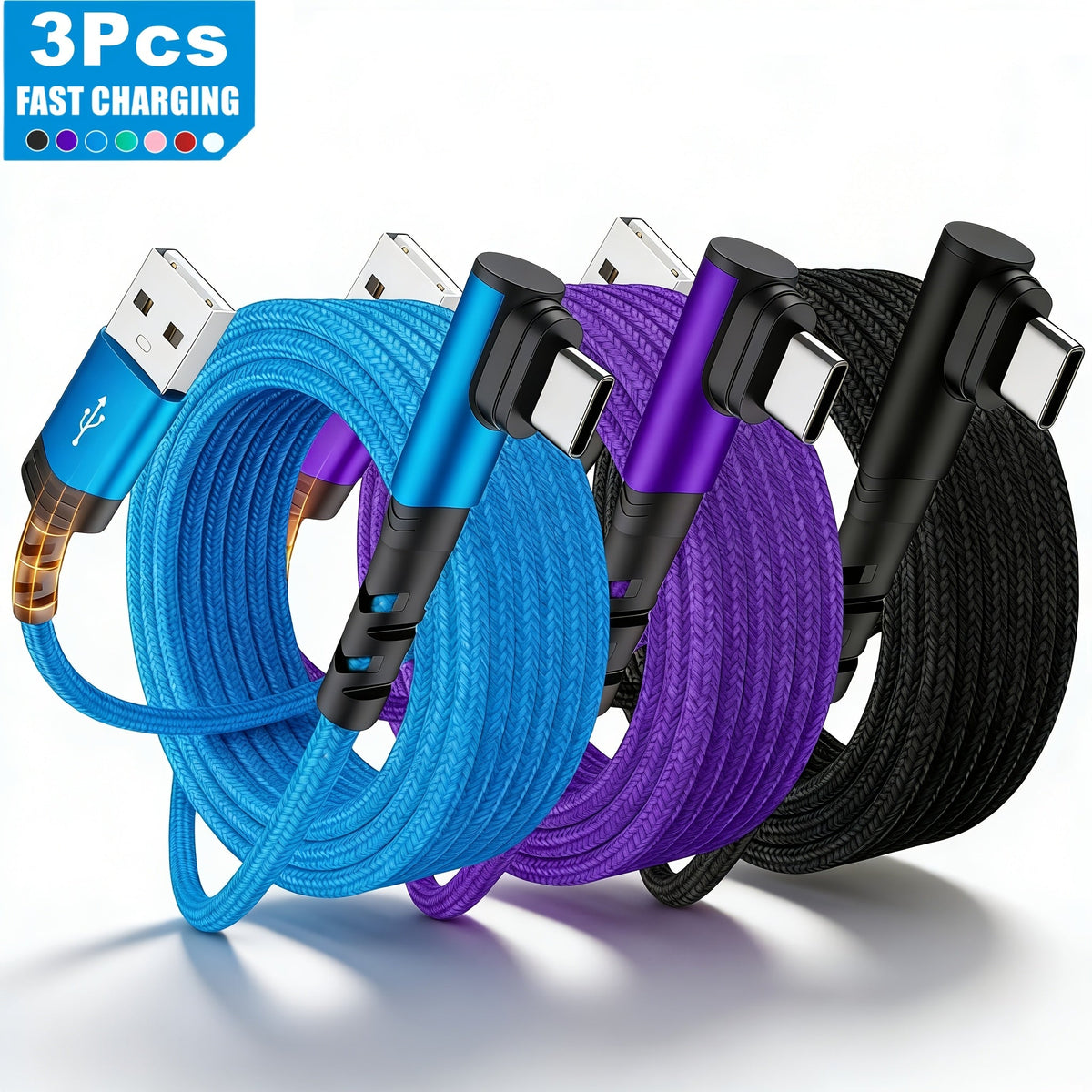 3-Pack Right Angle Braided USB-A to USB-C Fast Charging Cable - 1m, 2m & 3m - iPhone 15/16/17, iPad, Samsung, Huawei & More - Black, Blue, Red, Purple, Rose Gold & Silver