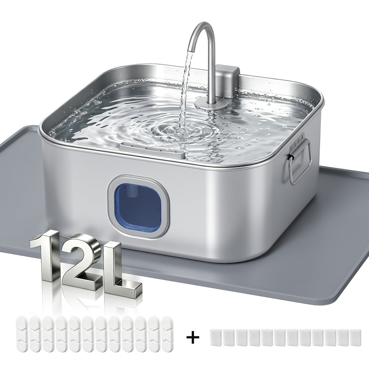 IDEAZOOS Large Dog Water Fountain 12L / 3.17 Gal - 304 Stainless Steel, Ultra Quiet, Water Level Window, Dry Burn Protection, Red/Blue Indicator - Easy to Clean, No Battery - Multi-Pet