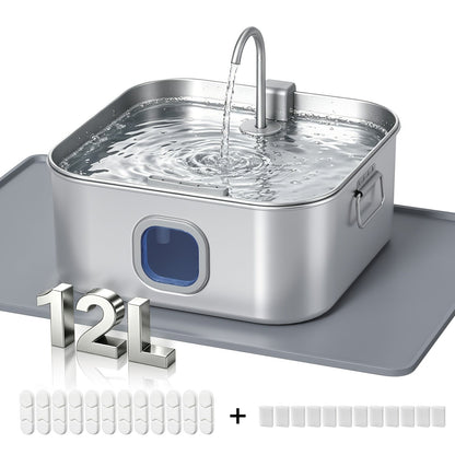 IDEAZOOS Large Dog Water Fountain 12L / 3.17 Gal - 304 Stainless Steel, Ultra Quiet, Water Level Window, Dry Burn Protection, Red/Blue Indicator - Easy to Clean, No Battery - Multi-Pet