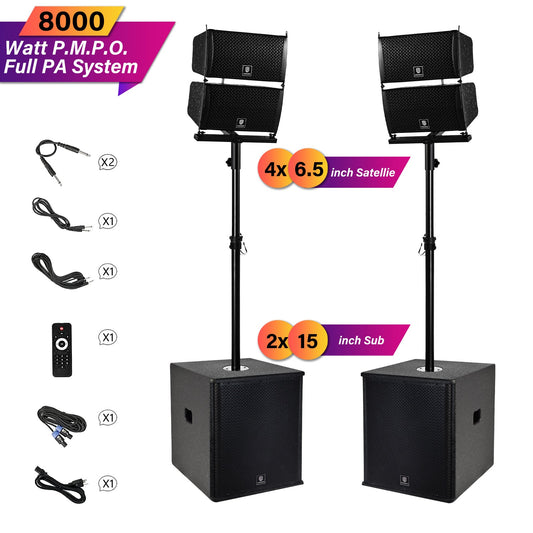 Power CLUB 6000 PA Speaker System 8000W P.M.P.O. 2.2 Channel Class-D Bi-Amp 4x6.5" Line Array + 2x15" Subwoofers Wireless USB SD Card Remote Control 110V–220V for Parties DJs Weddings & Events