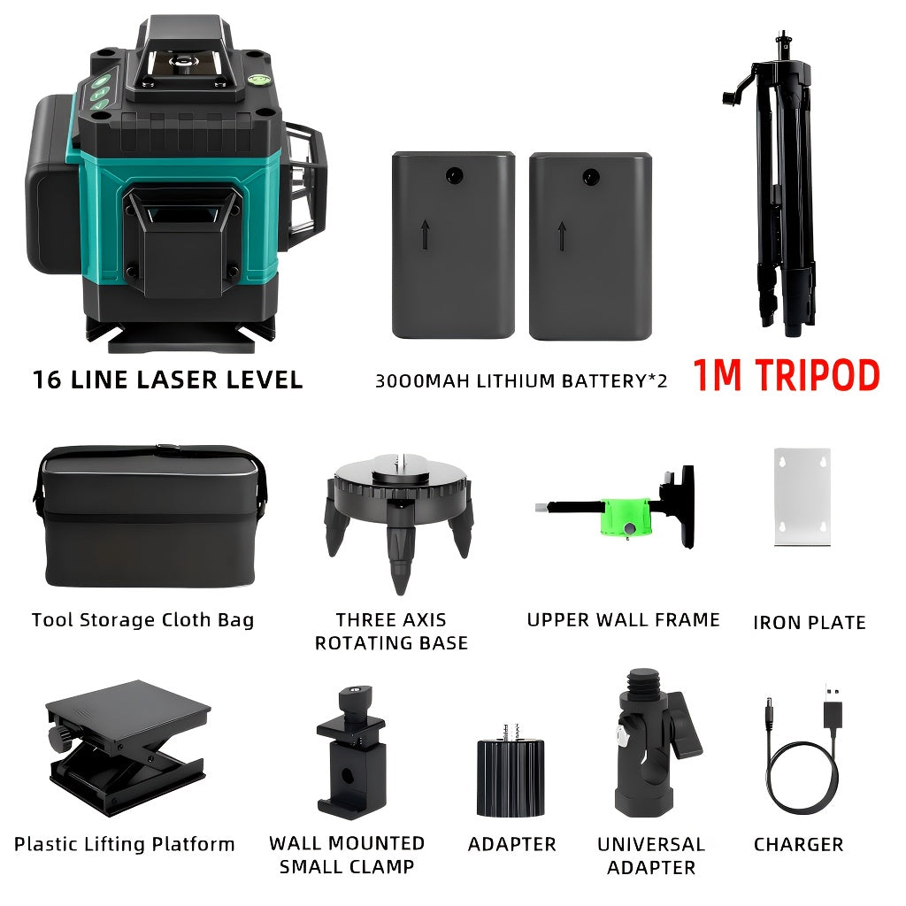 16-Line 4D Laser Level - 360° Self-Leveling, 2x 3000mAh Batteries, Remote Control, Digital Display, Optional 39" Tripod - Construction, Tile, Renovation, Wall & Floor Alignment, Picture Hanging