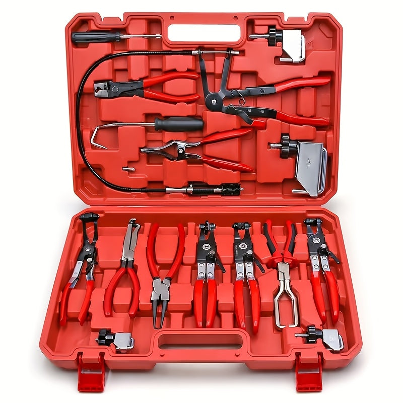 16-Piece Long-Handled Hose Clamp Kit Automotive Spring Wire Clamps Hose Disassembly Tool Set for Fuel Oil & Water Pipe Replacement – Professional Mechanic Tool