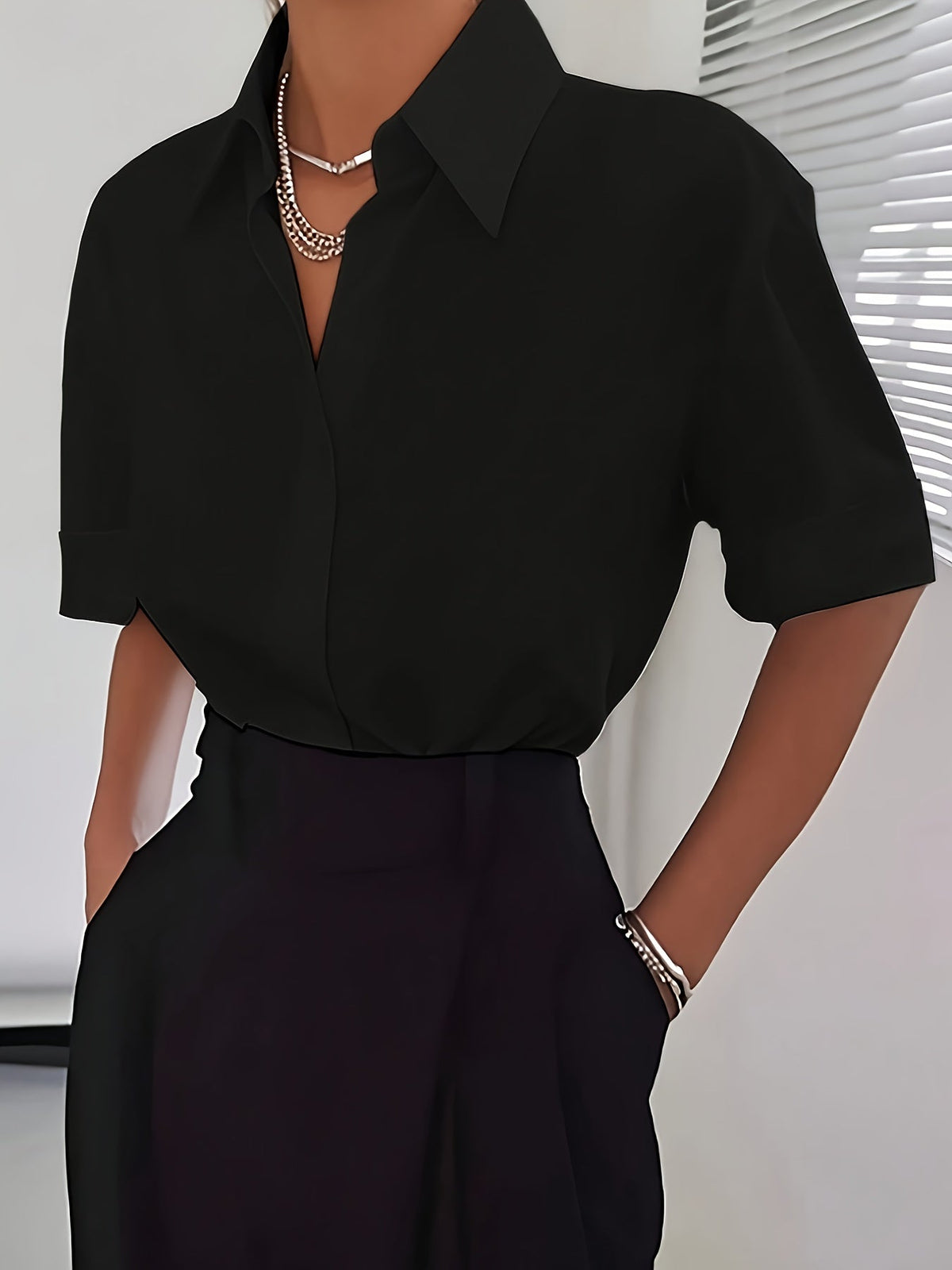 Women's Elegant Neckline Short Sleeve Solid Color Blouse 100% Polyester Casual Chic Top White Black Light Blue Coffee S M L XL All Season Woven Shirt