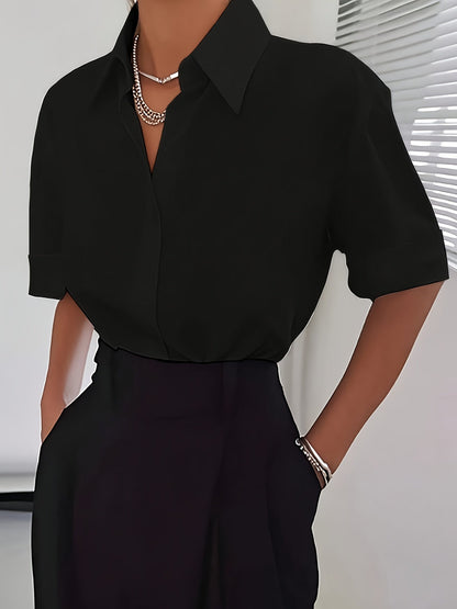 Women's Elegant Neckline Short Sleeve Solid Color Blouse 100% Polyester Casual Chic Top White Black Light Blue Coffee S M L XL All Season Woven Shirt