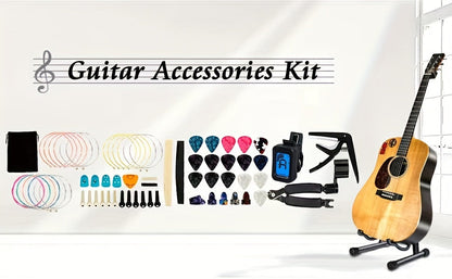 64-Piece Guitar Accessories Kit for Beginners – Includes 3 Sets of Strings, Capo, Clip-On Tuner, Picks, Finger Guards, Bridge Pins, Nut & Saddle, 3-in-1 String Winder Tool & Storage Bag