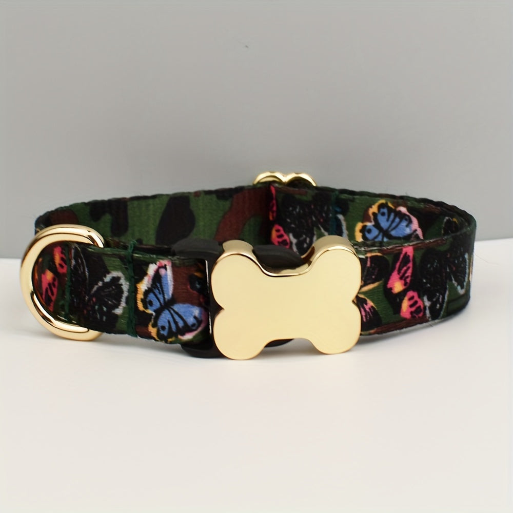 Adjustable Polyester Dog Collar with Metal Bone Charm Decoration – Stylish Colorful Pet Collar for Small to Large Dogs, Sizes XS S M L XL, 6 Colors