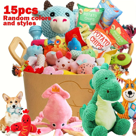 Squeaky Dog Plush Toys Set 15pcs – Bite-Resistant Cartoon Interactive Dog Toys for Tug of War, Random Styles, Small Medium Large Dogs & Puppies