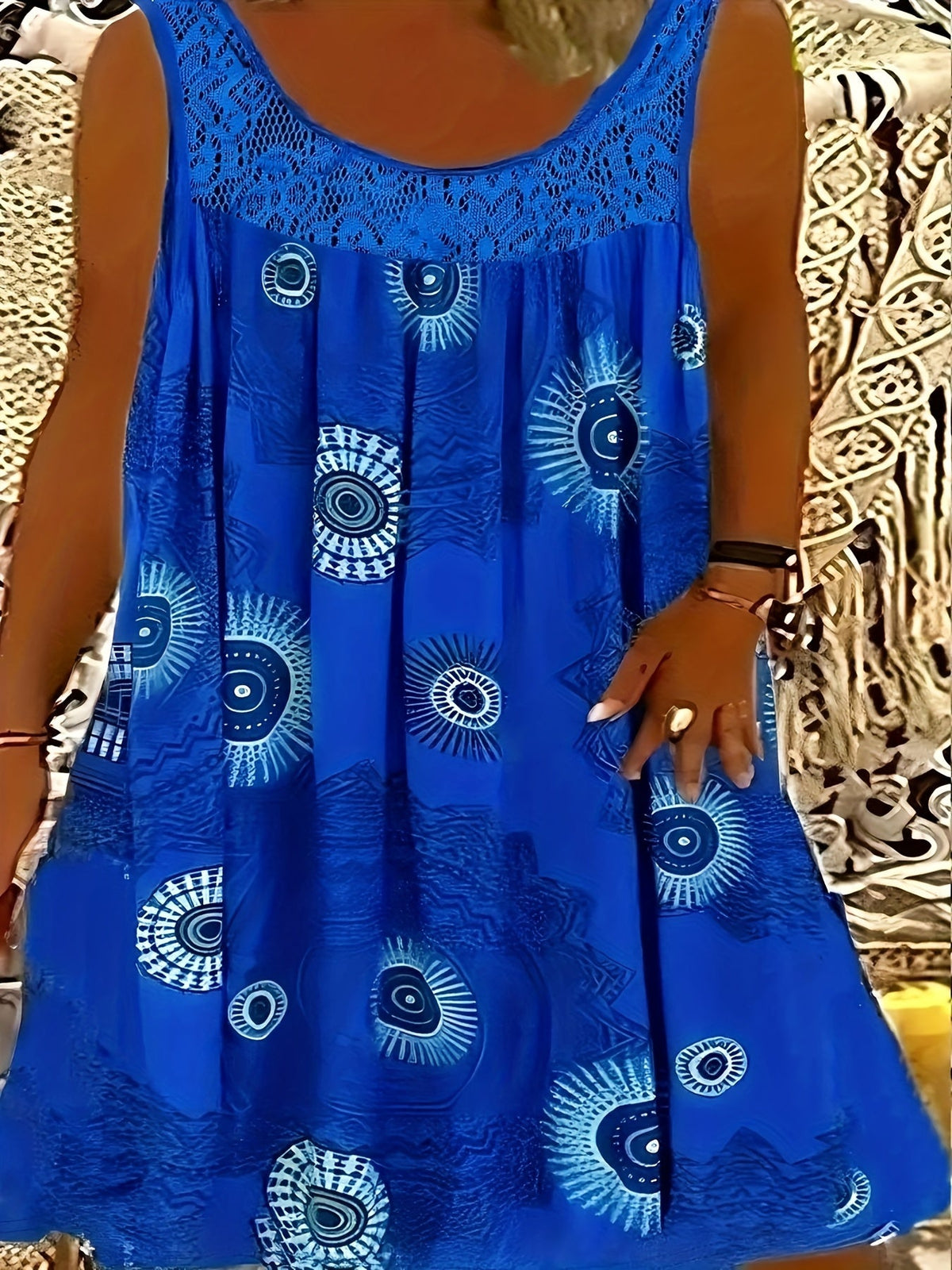 Women's Elegant Sleeveless A-Line Dress - Contrast Lace Hem & Geometric Print - Knee-Length, Round Neck, Machine Washable - Plus Size 0XL–8XL - Purple, Blue, Black, White, Red & More