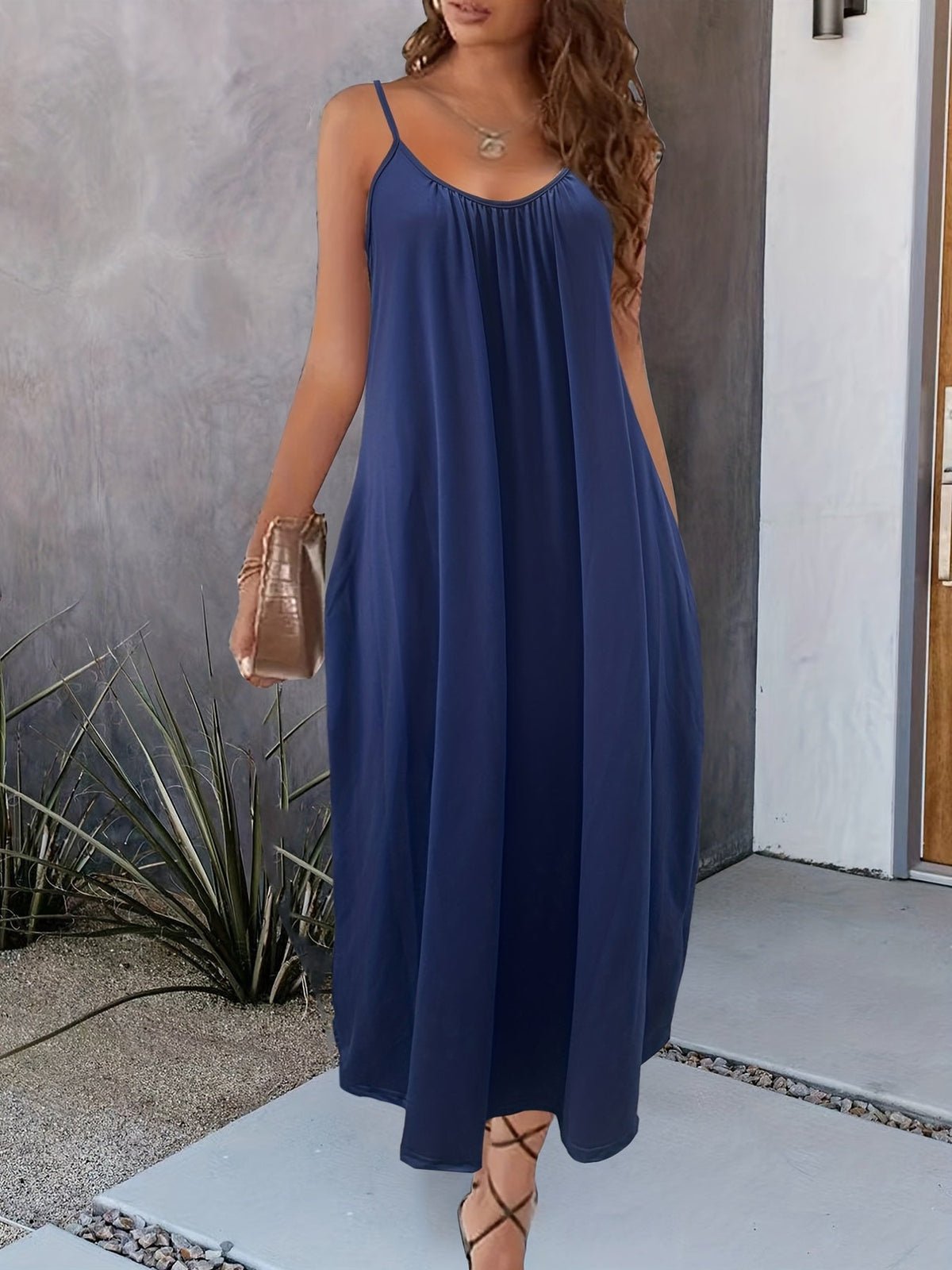 Women's Spaghetti Strap Maxi Dress with Pockets Solid Color Loose Flowy Cami Sundress Casual Summer Beach Vacation S M L XL XXL