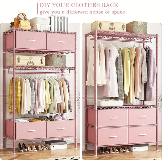 Heavy Duty Clothes Rack with 4 Drawers 420LBS Adjustable Clothing Rack for Hanging Coats Shirts Dresses Top Shelf 10-Minute Assembly for Bedroom Closet Apartment