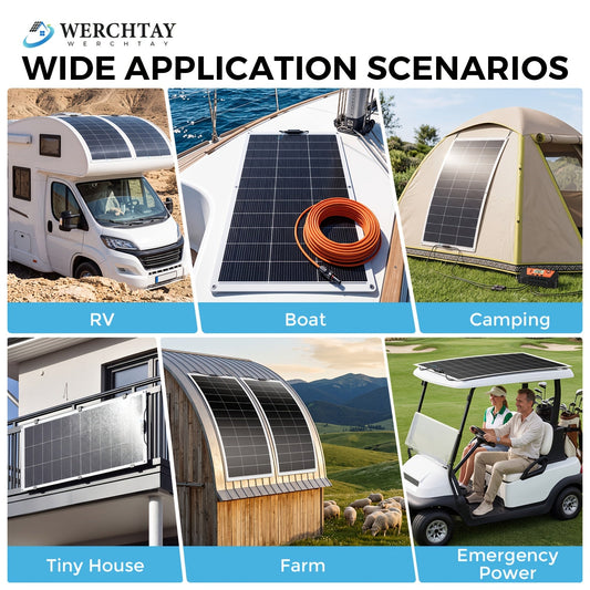 Flexible Solar Panel 200W / 400W / 800W Bendable 18BB Mono Cell Lightweight Ultra-Thin for Boat Balcony Roof Yacht & Uneven Surfaces – 1, 2 or 4 Panel Options