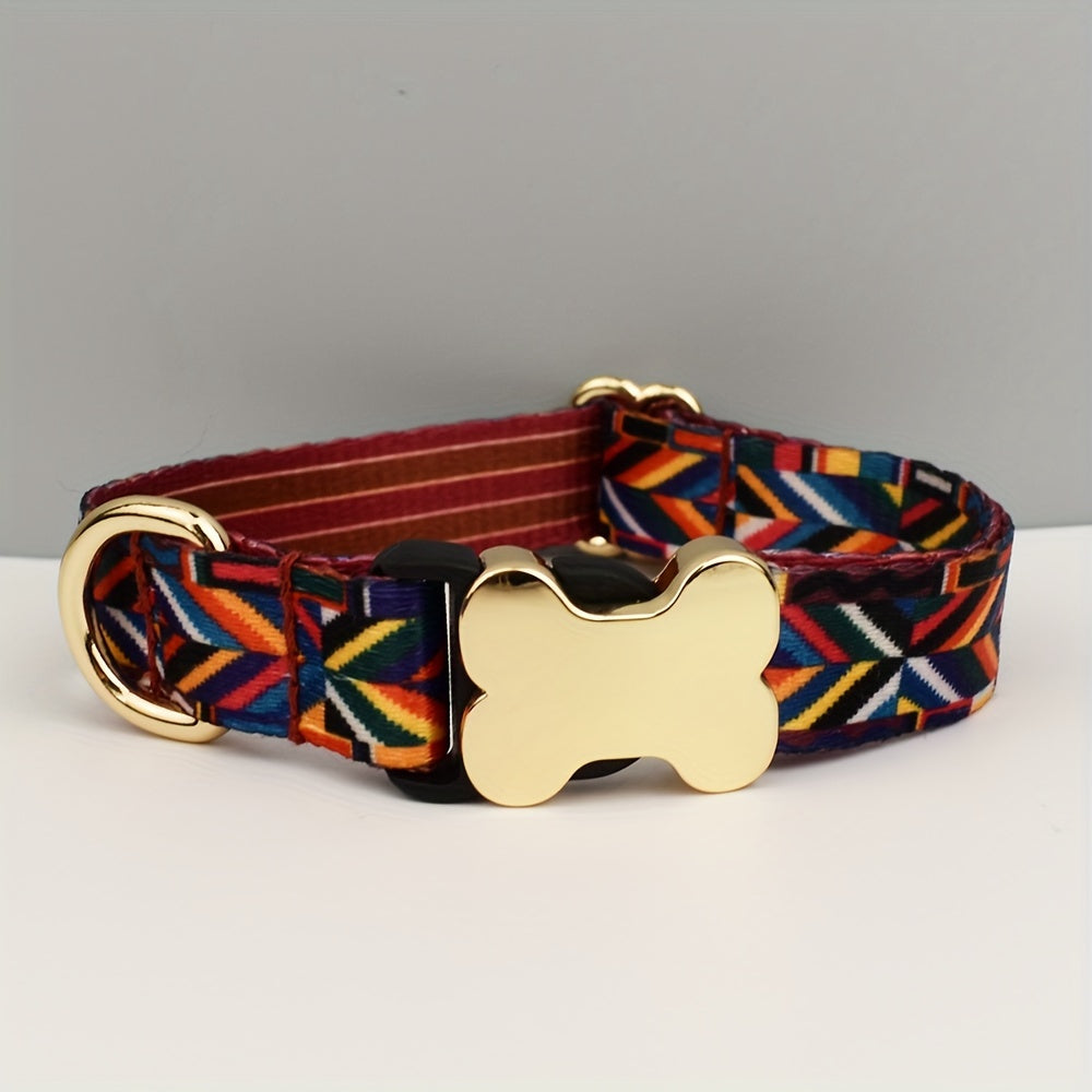 Adjustable Polyester Dog Collar with Metal Bone Charm Decoration – Stylish Colorful Pet Collar for Small to Large Dogs, Sizes XS S M L XL, 6 Colors