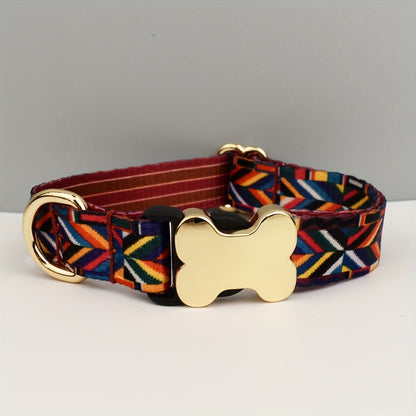 Adjustable Polyester Dog Collar with Metal Bone Charm Decoration – Stylish Colorful Pet Collar for Small to Large Dogs, Sizes XS S M L XL, 6 Colors