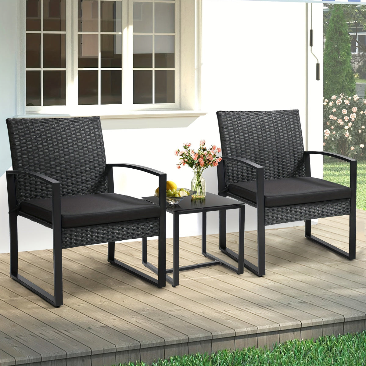 Rattan Bistro Set 3-Piece with Safety Glass Top Table & Plush Cushions – Outdoor Patio Conversation Set with 2 Chairs for Backyard, Balcony & Garden, Black Rattan Gray Black Beige Cushion – Nova Mart