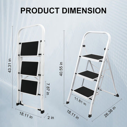 3-Step Folding Step Stool Ladder – 500 LB Capacity Wide Anti-Slip Pedal Handgrip Lightweight Portable Steel for Home Kitchen & Workshop in White & Black