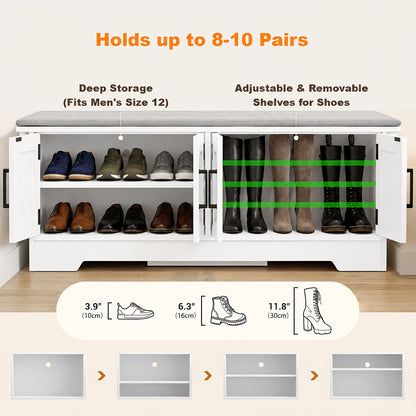 Entryway Storage Bench with Hidden Shoe Storage & Padded Seat, Removable Shelves for Boots Heels Sneakers, Shoe Cabinet Bench for Mudroom Hallway Bedroom Apartment, Family Organizer Furniture