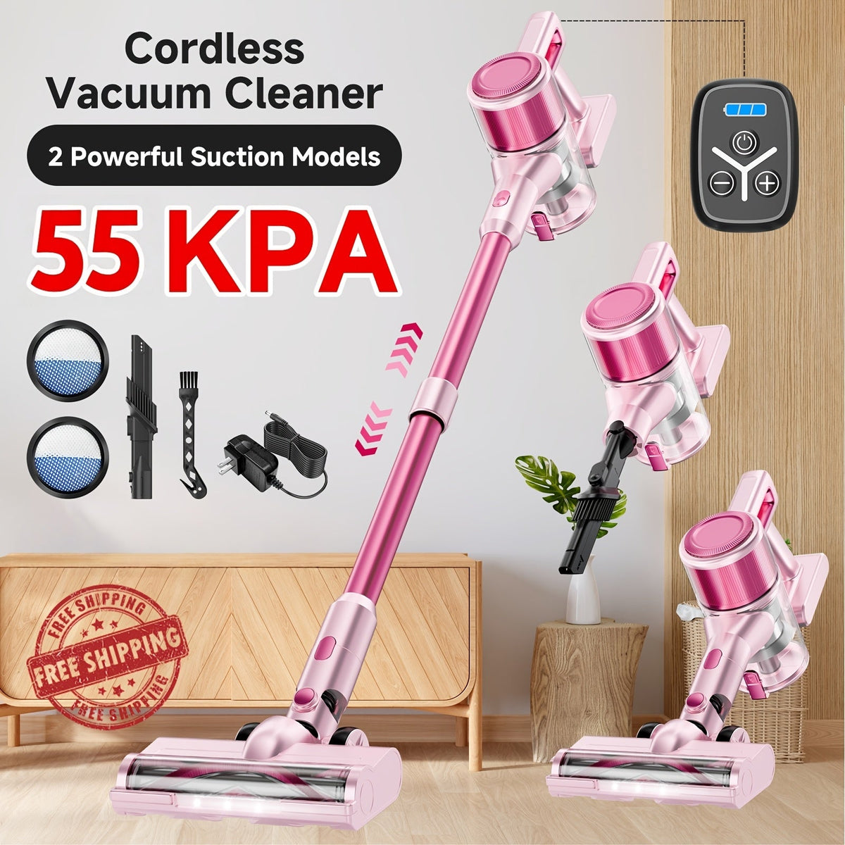 55KPa Cordless Stick Vacuum Cleaner 8-in-1 – Lightweight Powerful Handheld Vacuum with LED Light for Hardwood Carpet Floor Pet Hair Home Car