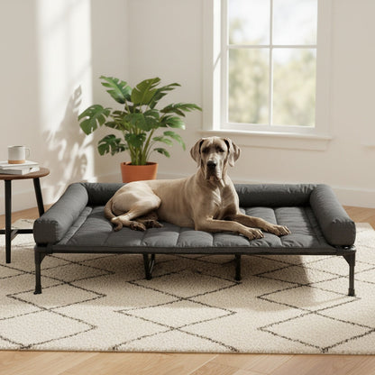 Cooling Elevated Dog Bed with Removable Pillow-Top Mat – Raised Bolster Dog Cot with Breathable Mesh Non-Slip Feet Dog Sofa Bed for Indoor & Outdoor Use
