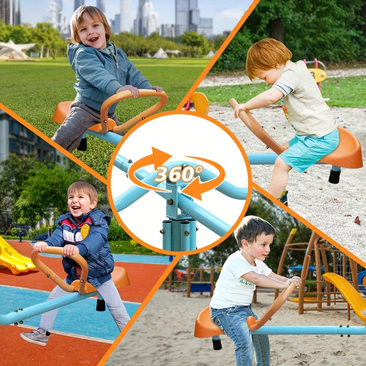 Kids 360-Degree Rotating Seesaw, 2-Seat or 4-Seat, Metal Frame, Outdoor Play Equipment, Rotating Swing Ride-On, for Playground, Backyard & Garden, Blue