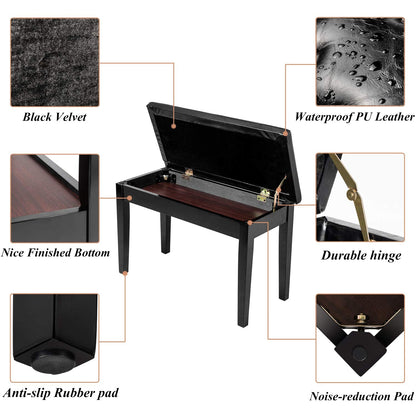 Bonnlo Wooden Duet Piano Bench - Thick PU Leather Padded Cushion, Under-Seat Sheet Music Storage, Locking Lid, 440 lbs Solid Wood Legs - Black & Brown, 21.5" or 29.5" Wide
